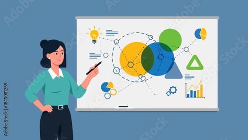 Engaged businesswoman presenting complex strategic concepts and data analysis on a whiteboard, illustrating innovative problem-solving and effective business planning with visual aids