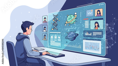 Student exploring science in a virtual learning environment, collaborating online through an interactive digital screen, illustrating the future of modern education