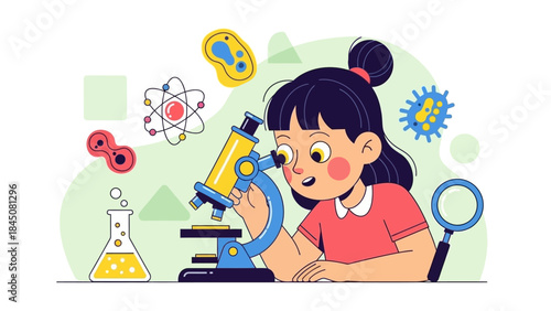 Enthusiastic young girl scientist discovers microscopic worlds through a microscope, surrounded by scientific elements, fostering curiosity and early STEM education