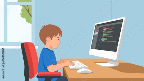 Young boy enthusiastically coding on a computer, showcasing early interest in technology and programming