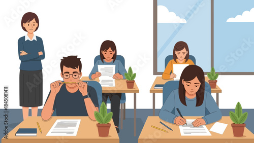 Focused Students Diligently Taking a Written Examination in a Modern Classroom Setting, Highlighting Academic Assessment and Learning Supervision