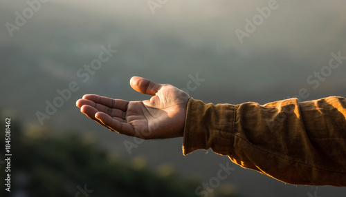 Schilderij op canvas Open Hand Reaching Out in Warm Sunlight.