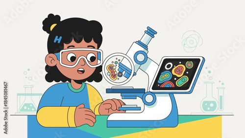 Young Scientist Exploring Microscopic Worlds with a Digital Microscope and Science Equipment