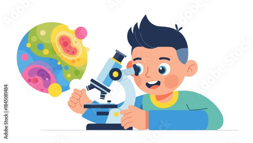 Curious young boy engaged in scientific exploration, happily observing the microscopic world through a powerful microscope, fostering discovery and early learning