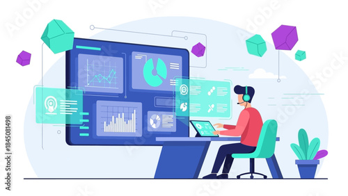Professional man analyzing business data on a large screen and laptop in a modern digital workplace, illustrating data visualization and online monitoring concepts for strategic business intelligence