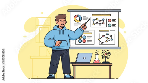 A person pointing to a presentation board with diagrams, a laptop, and a science experiment on a table