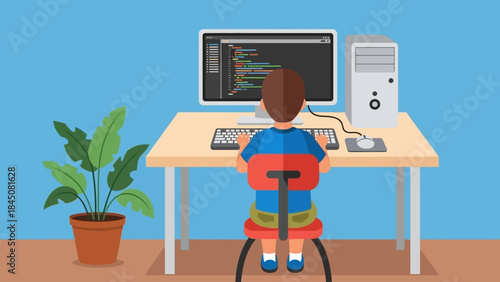 Young boy coding on a computer with plant and desk in a room