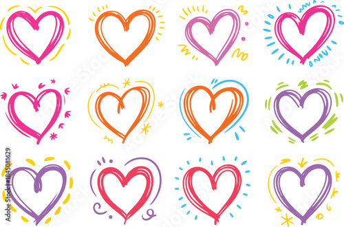Vibrant collection of hand-drawn heart doodles symbolizing love and joy