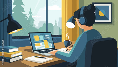 Dedicated individual engaged in digital work at a well-lit home desk, leveraging technology for remote productivity and focused learning amidst a peaceful setting