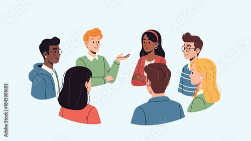 Diverse group of people in a circle discussing ideas in a meeting, illustration
