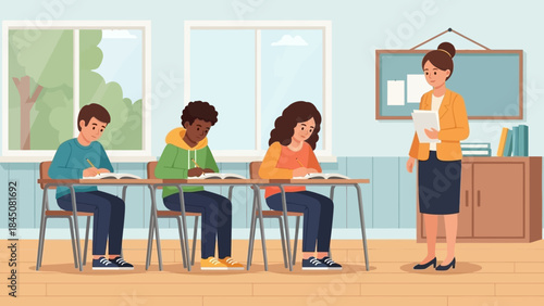 Students attentively taking a test in a classroom with a teacher overseeing