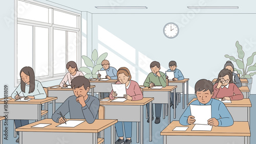Students intently focused on their academic examination papers in a quiet classroom, diligently demonstrating concentration and the crucial process of educational assessment and learning
