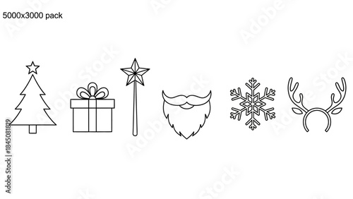 Set of simple christmas icons featuring tree gift magic wand beard snowflake reindeer antlers in line art vector file