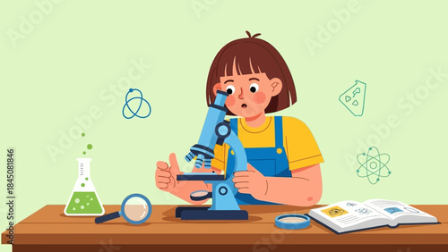 Curious young child enthusiastically explores scientific discovery with a microscope, surrounded by educational tools on a wooden table, fostering a love for learning and exploration