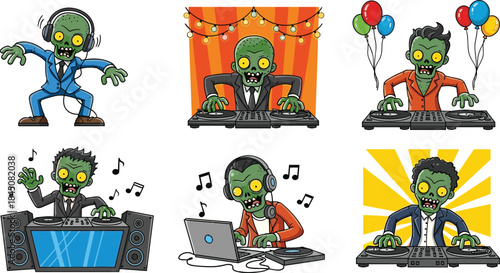 Zombie DJ cartoon characters mixing music at party, funny undead disc jockey illustration set for Halloween entertainment designs