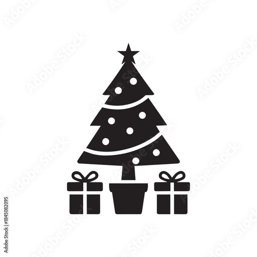 Christmas Tree Silhouette Vector Illustration with Gift Boxes and Star Decoration. Christmas tree png