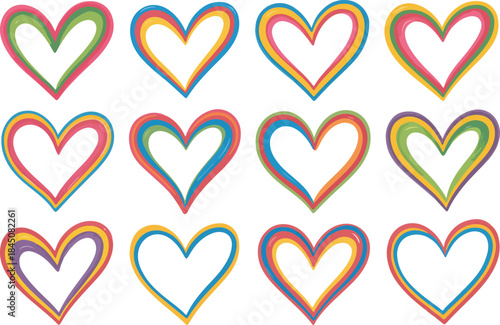 A collection of hand-drawn rainbow heart outlines expressing love and diversity