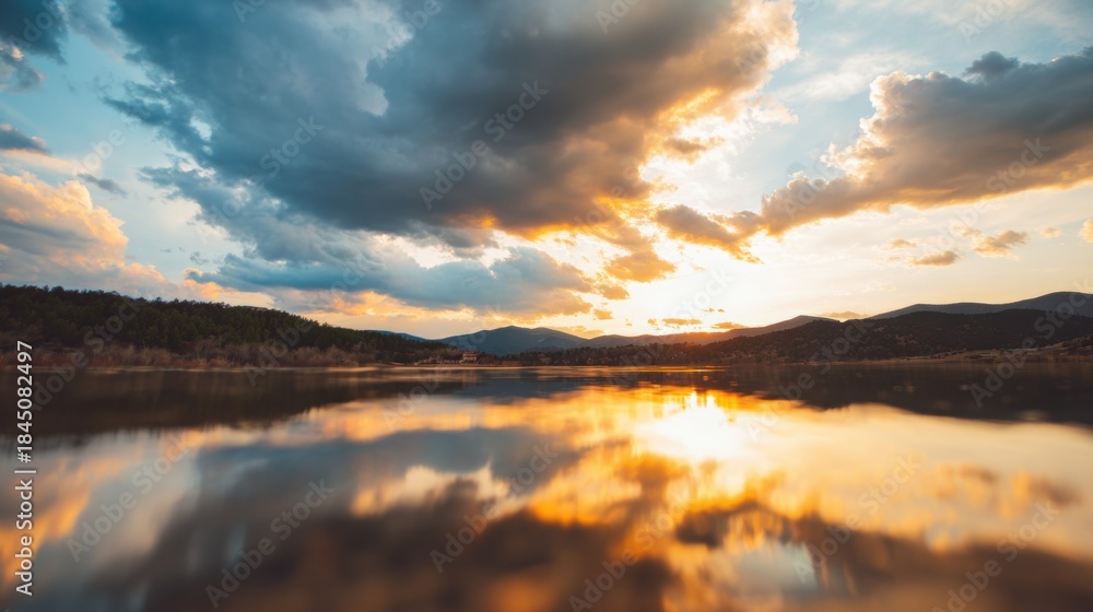 Fototapeta premium Sunset over a lake surrounded by mountains and clouds in the evening
