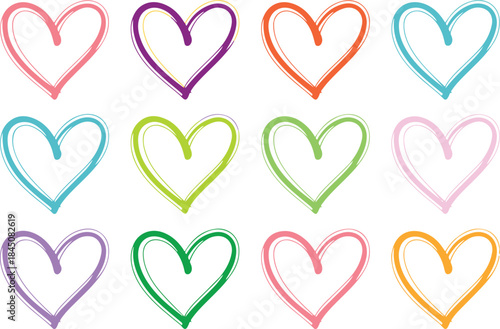 A charming collection of twelve colorful hand-drawn heart outlines with a playful scribbled texture