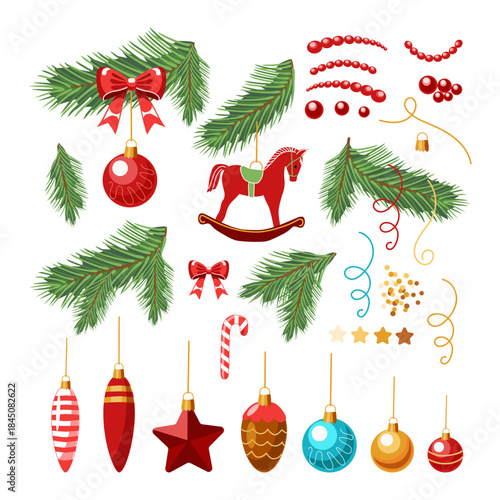 A set of Christmas decorations, fir branches, balls, toys isolated on a white background