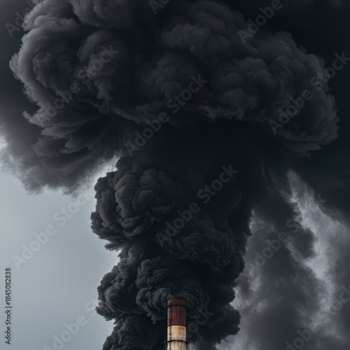 A massive, dark plume of noxious smoke rising high into the atmosphere from an industrial stack, illustrating severe environmental damage and contamination ,production ,rising ,billowing