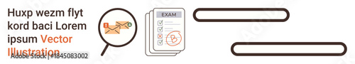 Cybersecurity, identity verification, document review, data analysis, online certification, fraud detection. Visual of magnifying glass, envelope and documents. Cybersecurity and identity