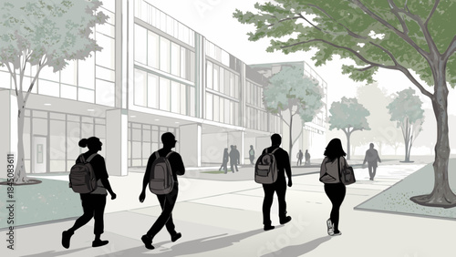 Students walking on university campus in silhouette . College campus vector.. Vector illustration of young adults walking outdoors at college