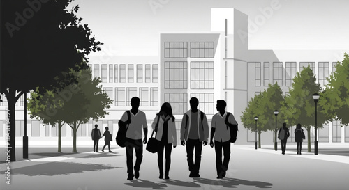 Students walking on university campus in silhouette . College campus vector.. Vector illustration of young adults walking outdoors at college 