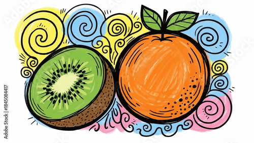 Vibrant illustration of a whole orange and a halved kiwi fruit.
