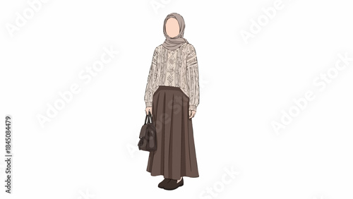 A Muslim woman wearing a hijab and a long skirt holding a handbag.