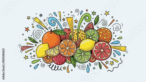 Vibrant Assortment of Fresh Citrus Fruits and Berries Hand Drawn Illustration.