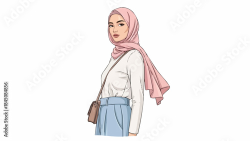 Fashionable Muslim Woman Wearing Hijab and Stylish Outfit.