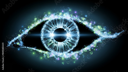 Fototapeta Naklejka Na Ścianę i Meble -  Abstract blue space tunnel design with planet Earth as a cosmic eye iris, patterned with stars and light