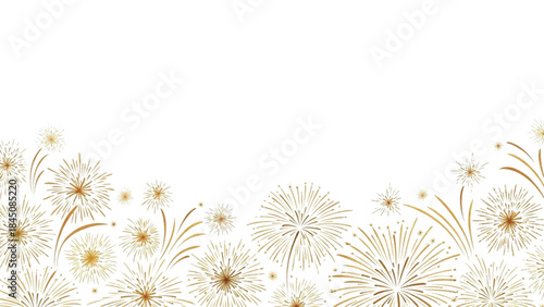 Christmas Gold Fireworks Bottom Border on White Background with Realistic Watercolor Hand Painted Texture