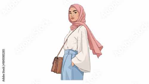 Young Muslim Woman Wearing Hijab and Stylish Outfit.
