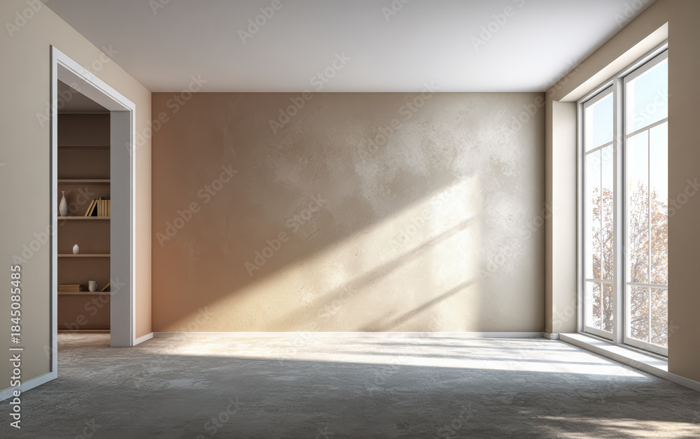 Fototapeta premium Sunlight enters a modern room with empty walls and large windows, highlighting a serene space ideal for design