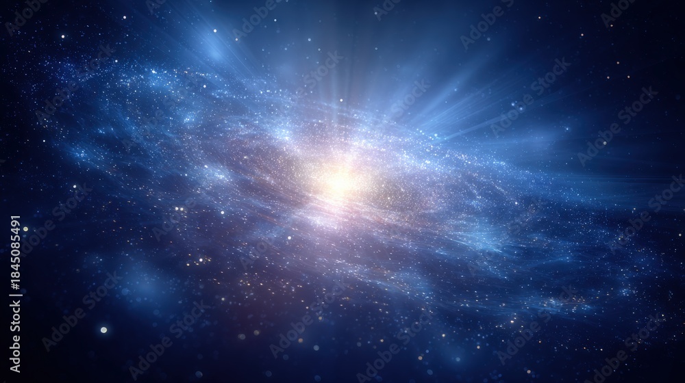 Fototapeta premium Vibrant Cosmic Galaxy Bursting with Light and Nebula Clouds, Shining Star Radiating Across Dark Space