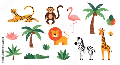 Colorful safari scene features a leopard monkey flamingo palm trees lion zebra and giraffe in a playful illustrated jungle setting.