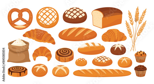 Vibrant display of bakery goods including pretzels croissants baguettes loaves muffins pastries and bundles of wheat arranged together.