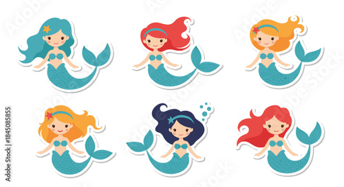 Six cheerful cartoon mermaids with colorful flowing tails swim together in a bright underwater fantasy scene perfect for kids and imaginative storytelling.