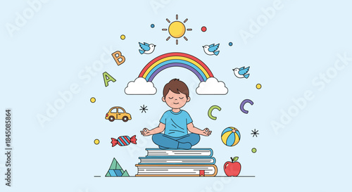 Calm child sits cross legged on a stack of books meditating beneath a sunny sky and rainbow surrounded by letters birds a ball apple and symbols of learning.