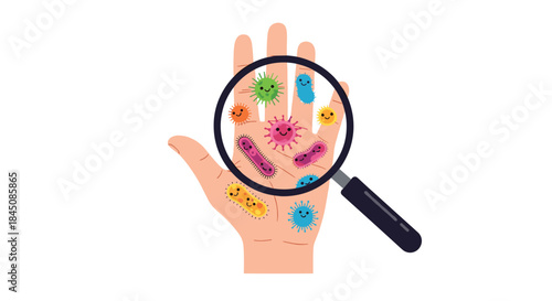 Close up of a human hand under a magnifying glass revealing colorful cartoon bacteria and germs to illustrate microbes and hygiene awareness.