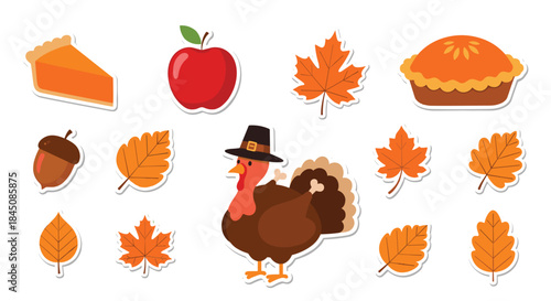Autumn harvest scene featuring a pumpkin pie slice an apple a golden brown pie a turkey wearing a pilgrim hat and scattered orange and yellow autumn leaves.
