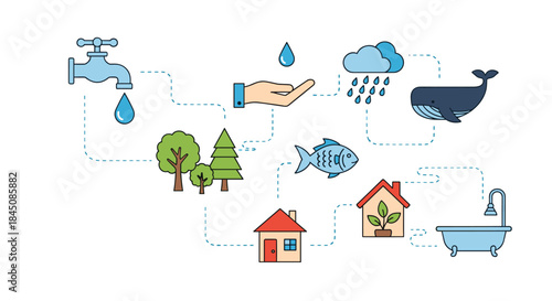 Colorful illustration of water conservation and nature friendly living featuring a faucet and rain cloud trees fish whale house plant linked by paths.