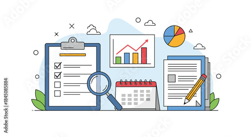 Busy modern office desk scene illustrating data analysis with clipboard magnifying glass calendar and charts for planning evaluation and performance review.