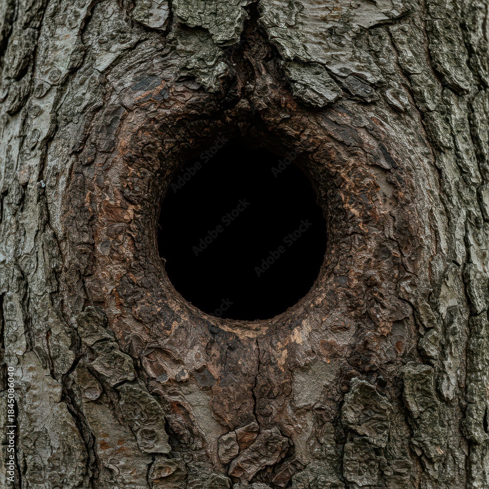 Obraz premium Close up of a dark, round nest hole carved into the rough bark of an old forest tree trunk, waiting for a bird or small creature to move in ,cavity ,aged ,avian