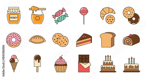 Colorful assortment of desserts and confectionery items including honey jars candy lollipops donuts pastries cookies cakes and ice cream arranged artwork.