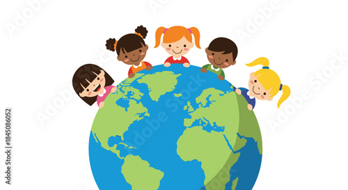 Children from diverse backgrounds stand around a globe smiling and learning together about geography culture and unity for a brighter shared future.