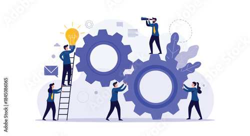 Team of workers collaborates to assemble two large gears using a ladder and telescope to explore ideas and drive engineering progress together.
