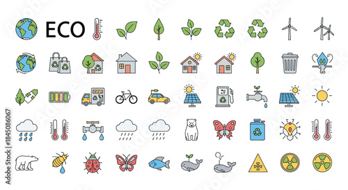 Illustrated collection of eco icons depicting recycling energy efficiency renewable power sustainable homes transport water and nature for awareness.